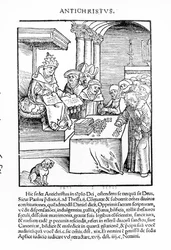 Der Papst verkauft Ablässe, aus „Passional Christi und Antichristi“ von Philipp Melanchthon, veröffentlicht 1521
